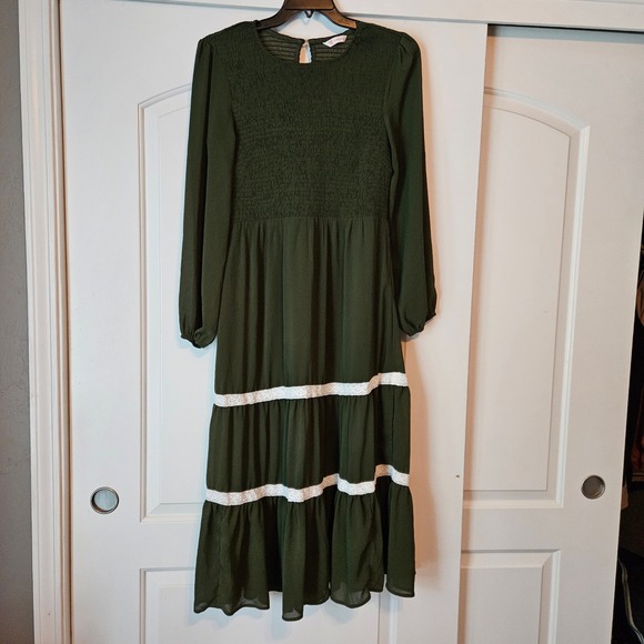 Kirundo Women's Olive Green Maxi Dress Long Sleeve Tiered Smocked Boho - Picture 1 of 11